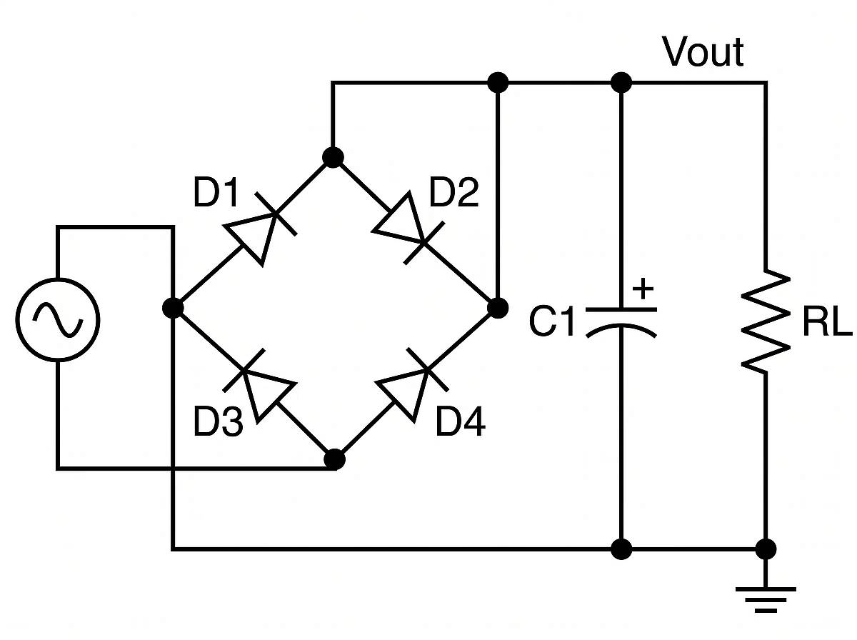 Full-wave bridge rectifier schematic with smoothing capacitor