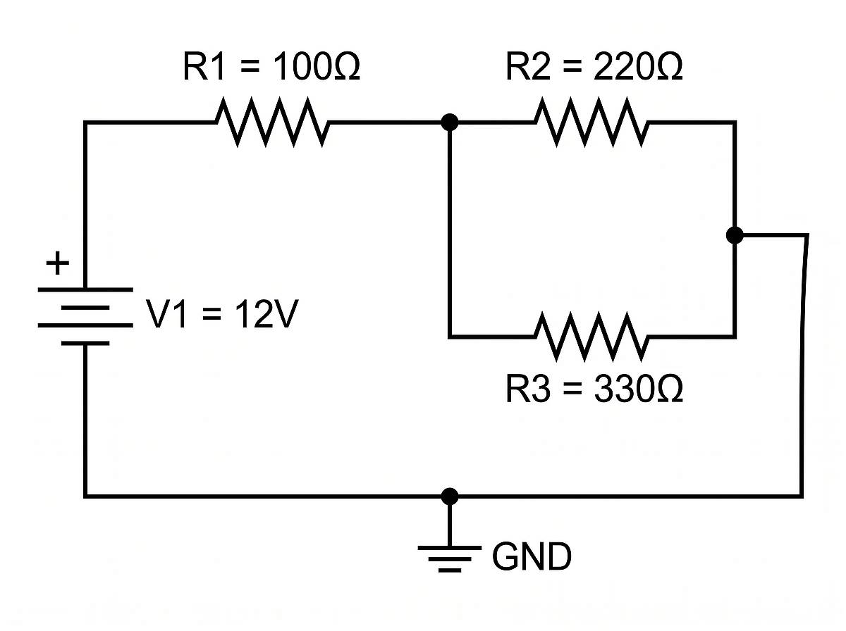 Series-parallel resistor network schematic