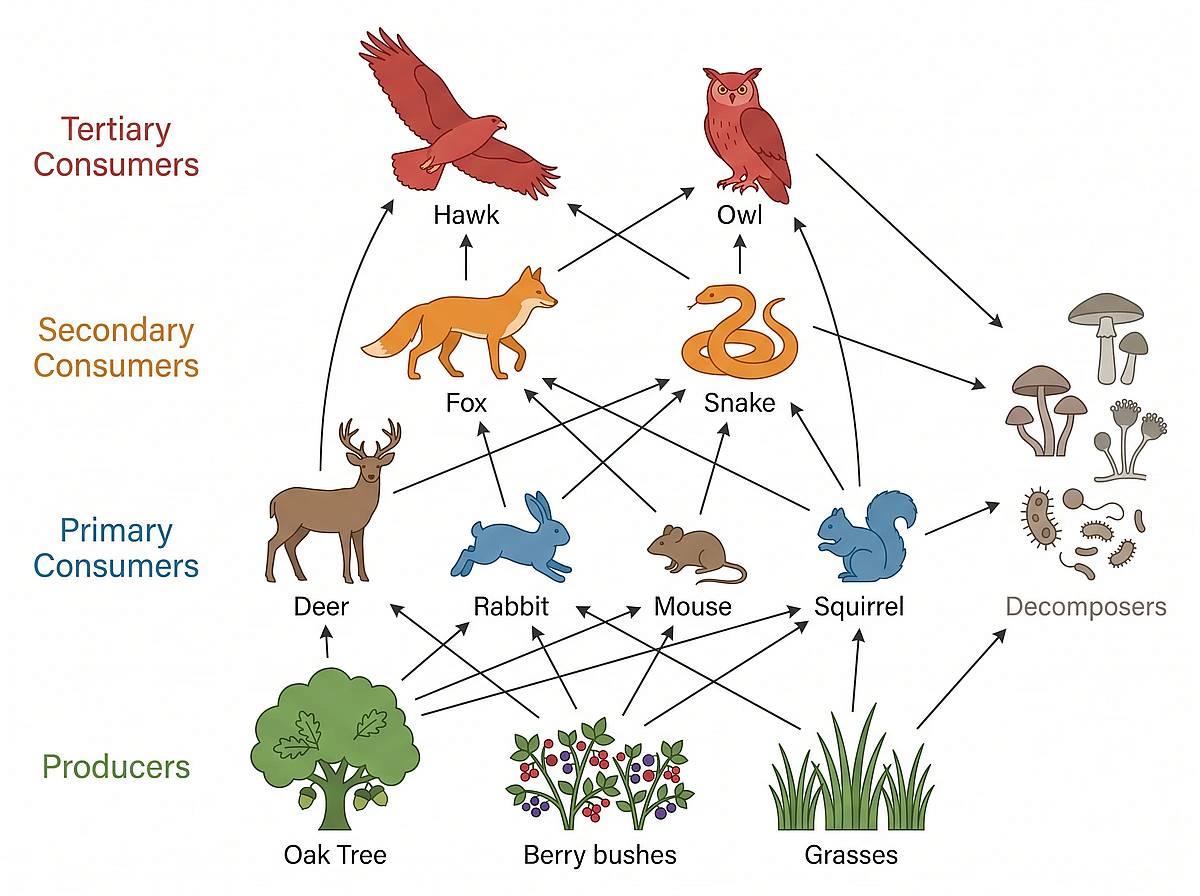 Temperate forest food web with deer, foxes, hawks and decomposers