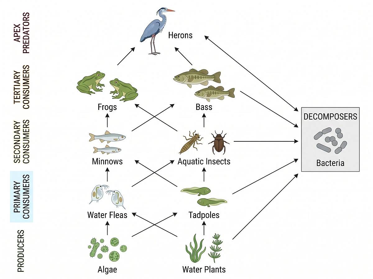 Freshwater pond food web with algae, frogs, herons and bacteria