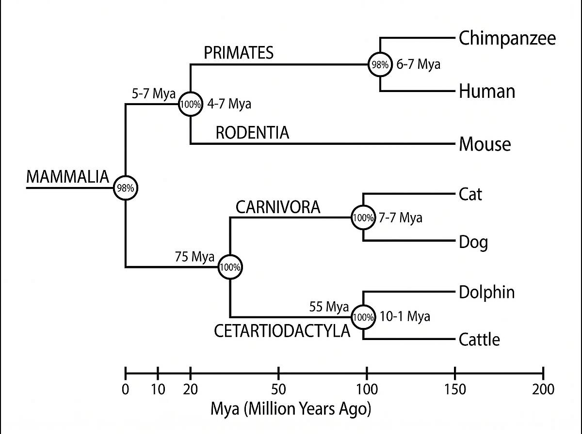 Mammalian phylogenetic tree with primates, rodents, carnivores, and cetaceans