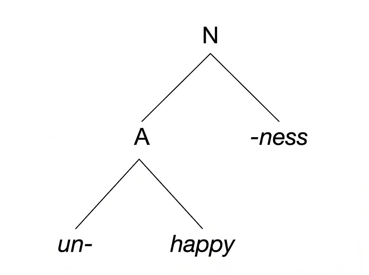 Morphological tree for the word unhappiness showing derivation
