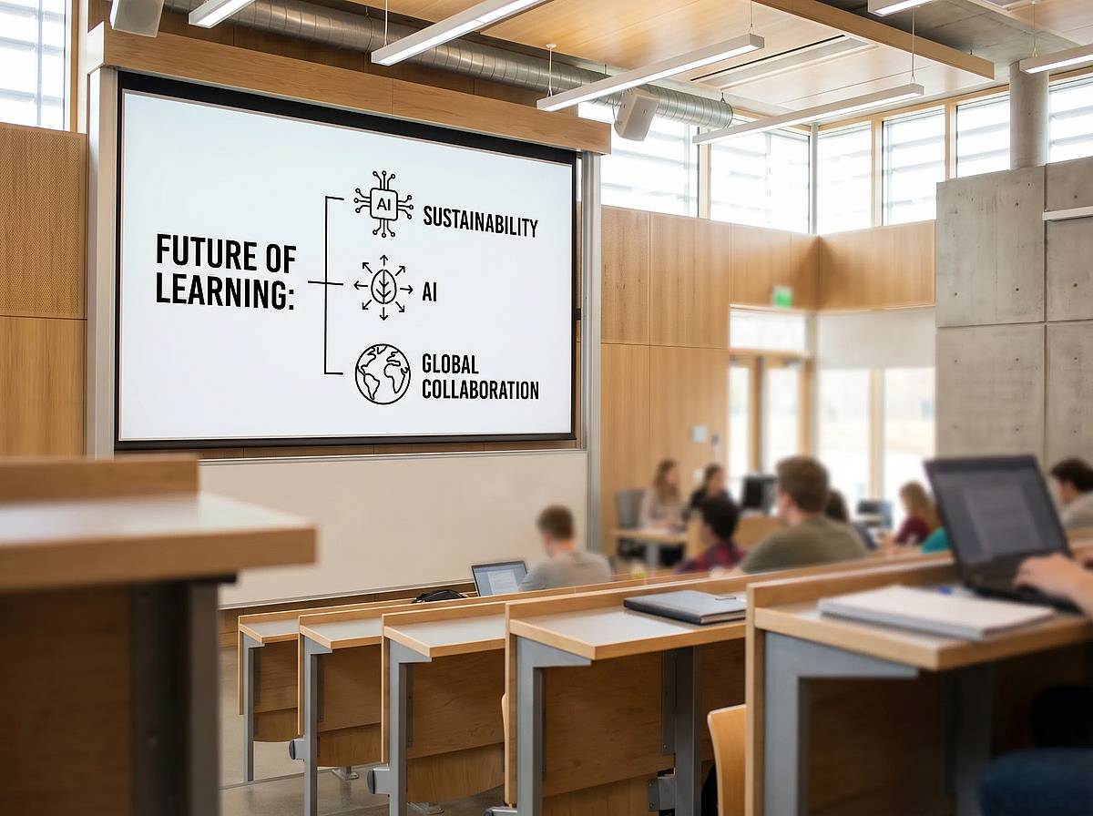 Educator using concept diagram on classroom projector for teaching