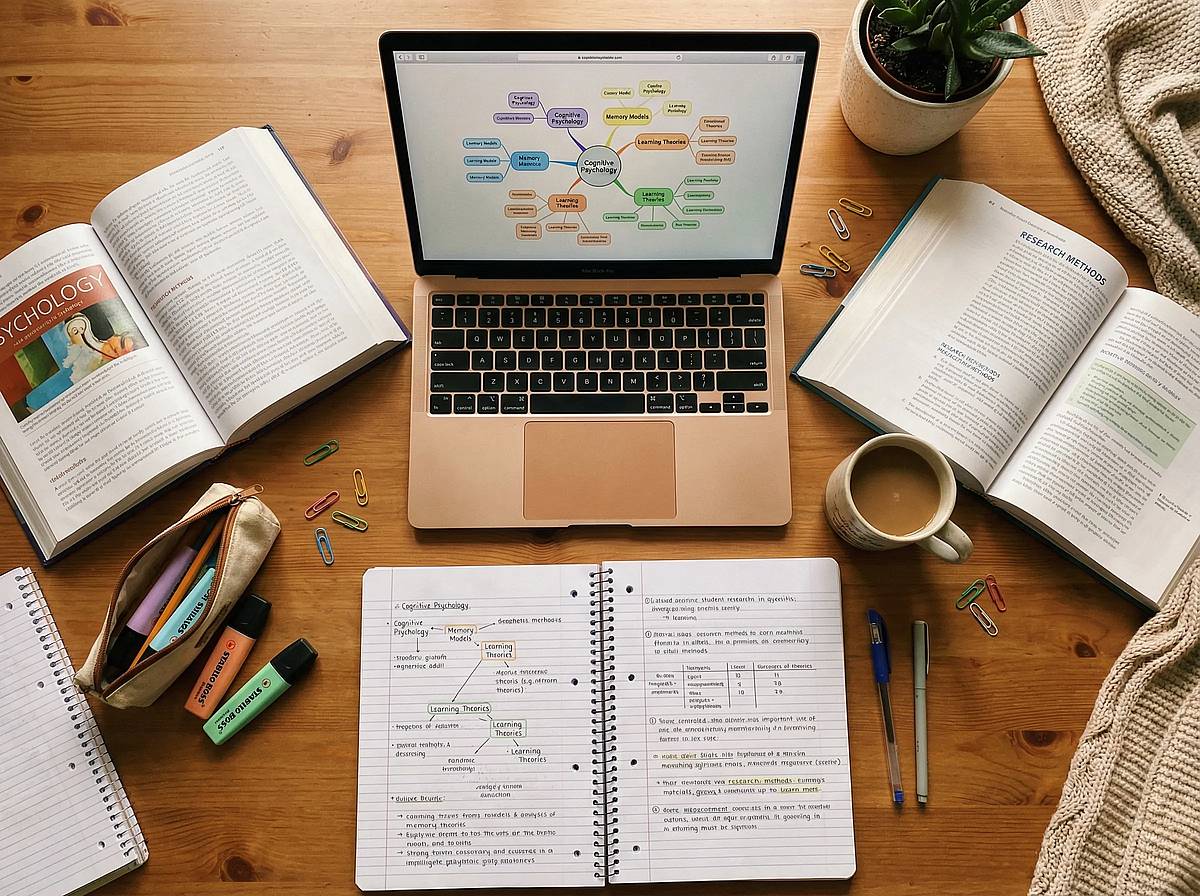 Student creating a concept diagram on laptop for coursework